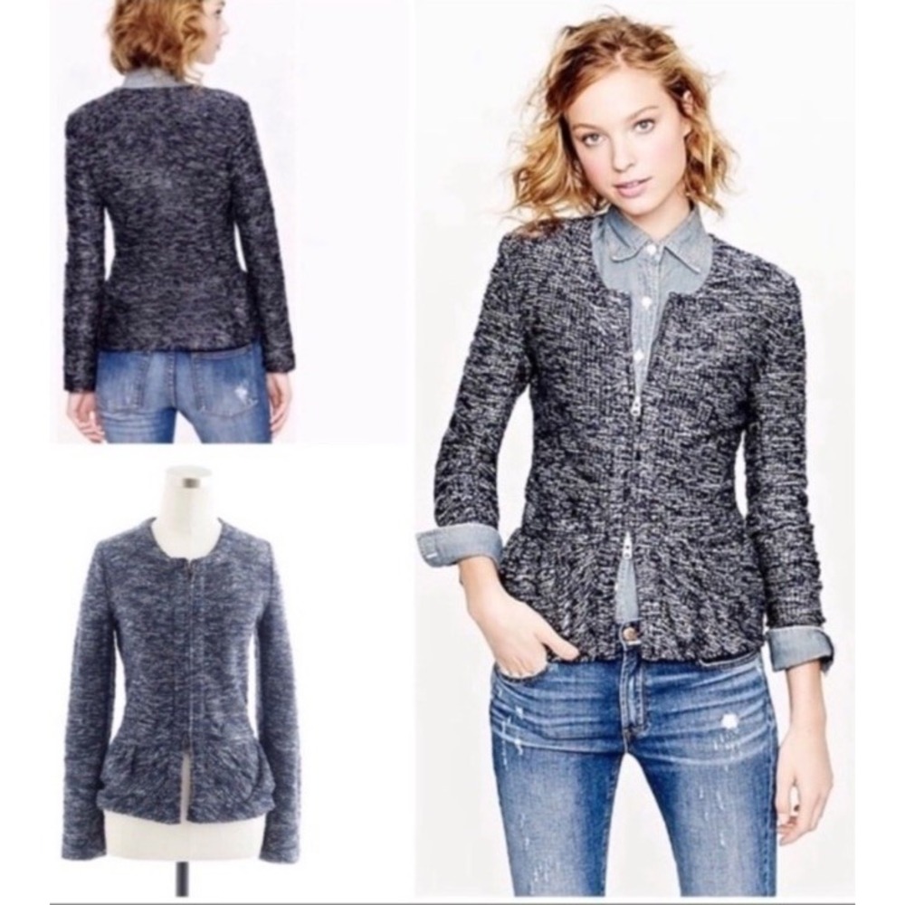 J Crew Navy Blue Boucle Tweed Peplum Lady Jacket Sz S